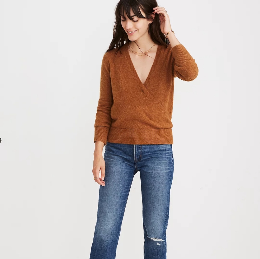 Madewell Brown Wrap-Front Pullover Sweater